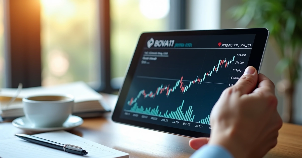 Pessoa analisando gráfico do BOVA11 em tela digital, com dados financeiros em destaque. 