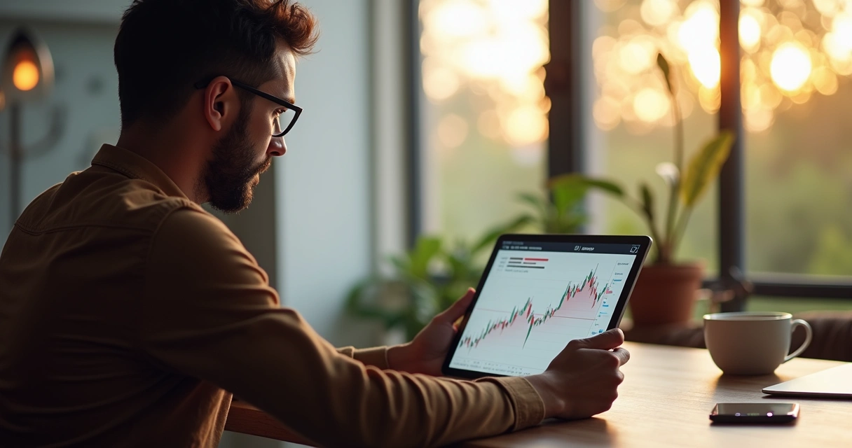 Homem acompanhando gráficos de investimentos em um tablet 