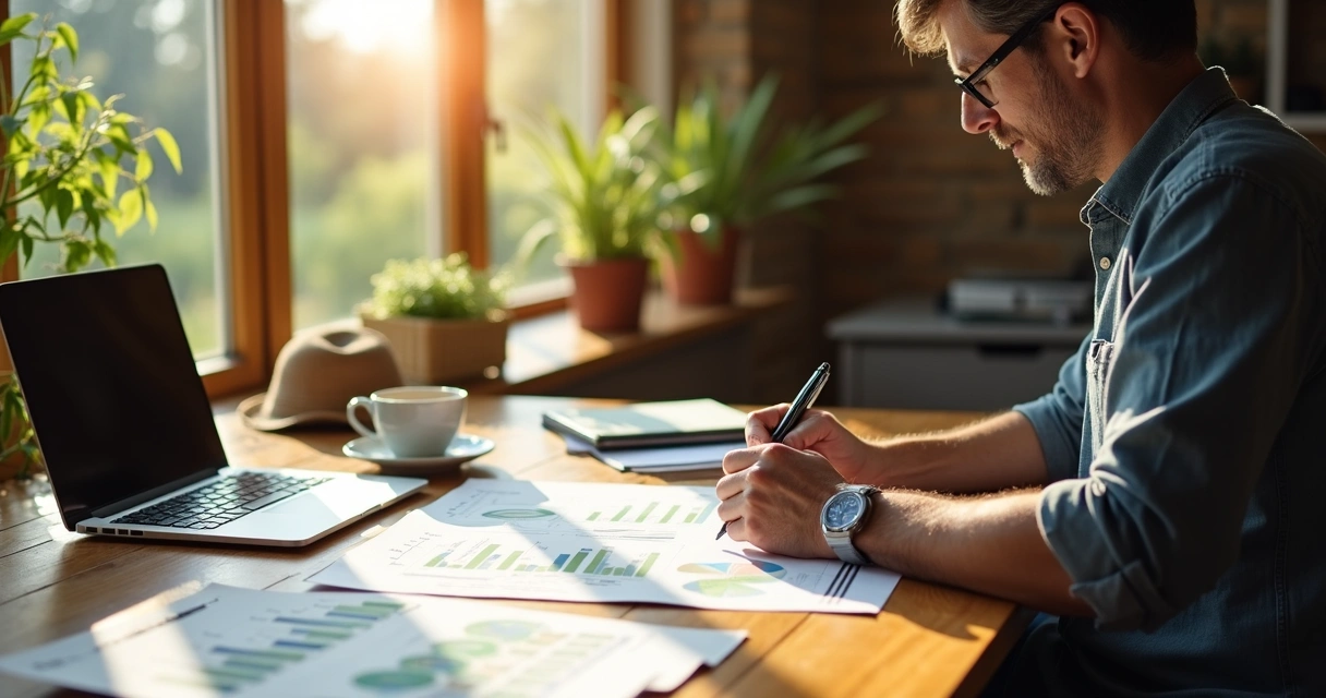 Pessoa analisando gráficos de investimento agro em escritório 