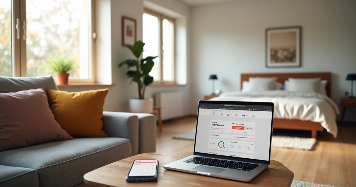 Investidor analisando anúncios de aluguel por temporada em apartamento moderno 