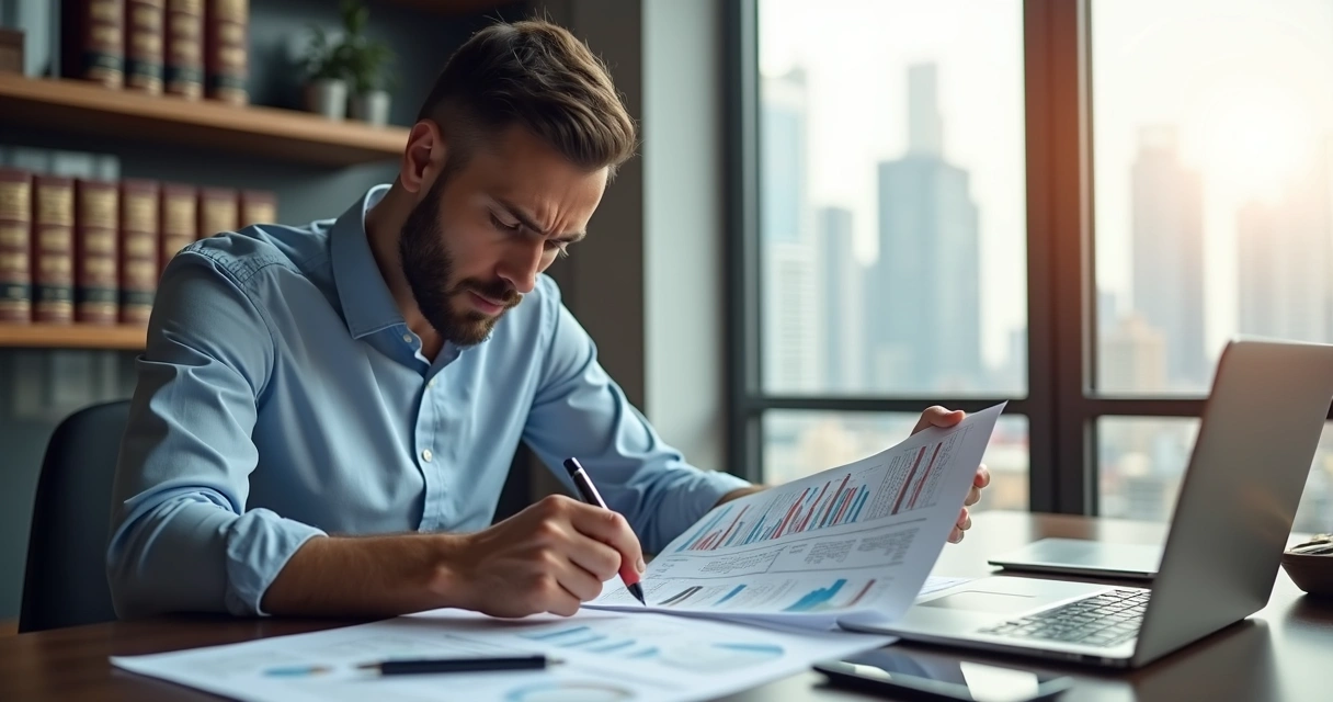 Homem observando documentos imobiliários com expressão de preocupação em escritório moderno 