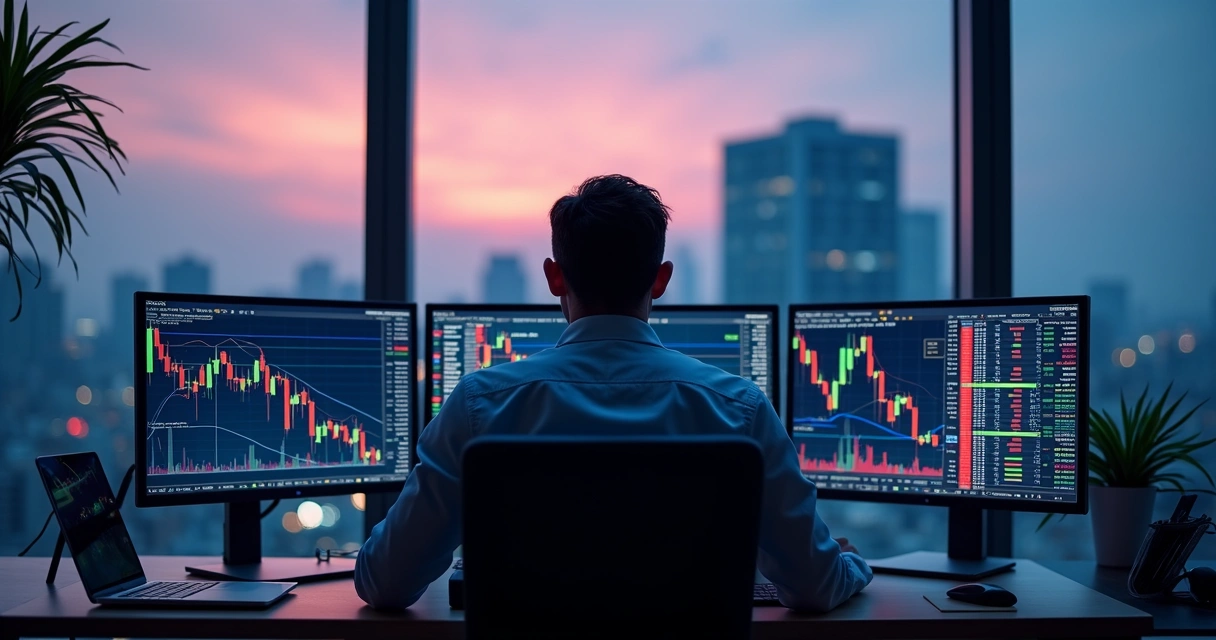 Homem analisa CFD no computador, gráficos coloridos ao fundo 