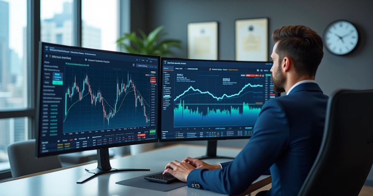 Investidor analisando gráficos de copy trading em múltiplas telas no escritório moderno