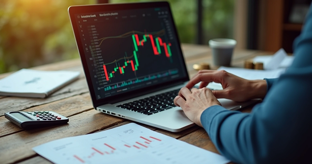 Investidor analisando gráficos financeiros e calculadora sobre mesa de madeira 