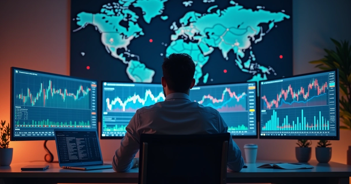 Investidor brasileiro analisando gráficos financeiros em múltiplas telas com interface de assinaturas e robôs de trading internacional 