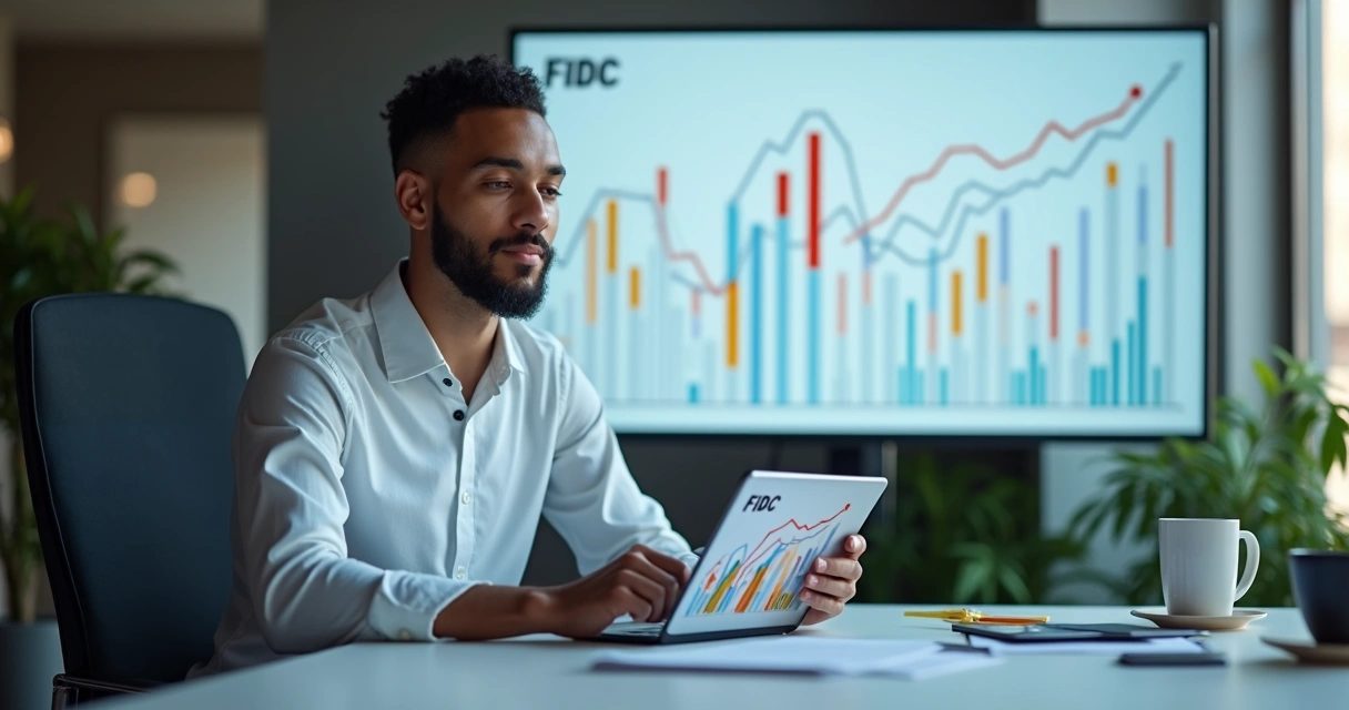 Pessoa analisando gráficos de FIDC em tablet com gráficos de barras ao fundo 