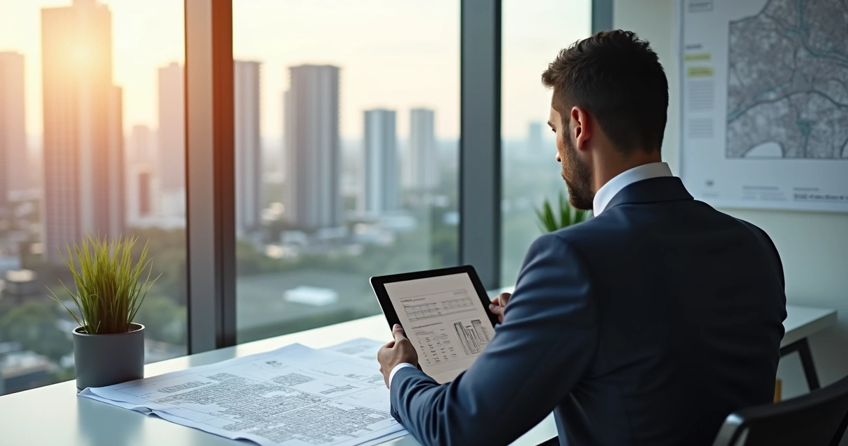 Homem olhando plantas de imóveis em escritório com vista para Campinas 