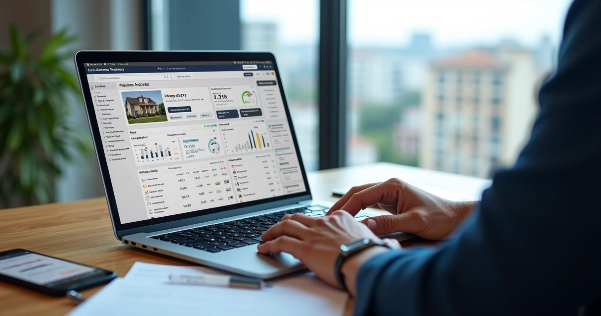 Investidor analisando oportunidades em leilão de imóveis no notebook com gráficos e mapa 