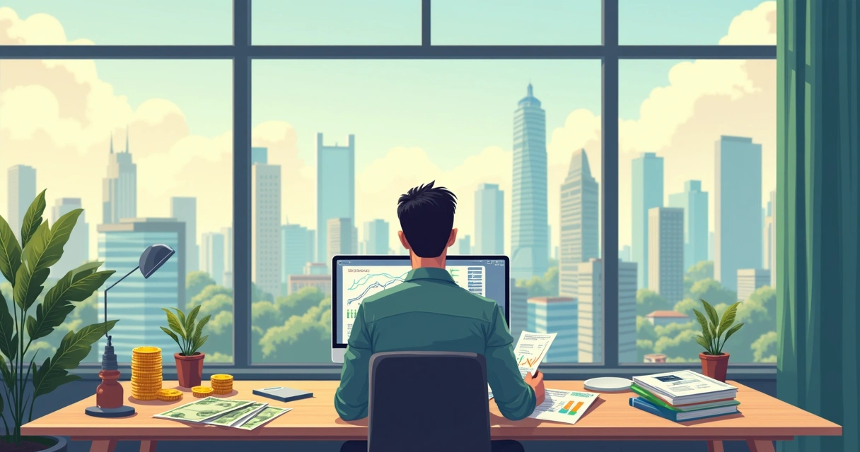 Homem analisando moedas de diferentes países e gráficos financeiro 