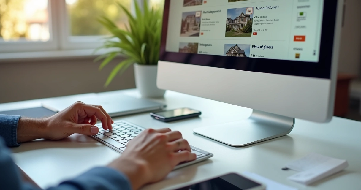 Pessoa analisando imóveis em leilão em uma tela de computador 