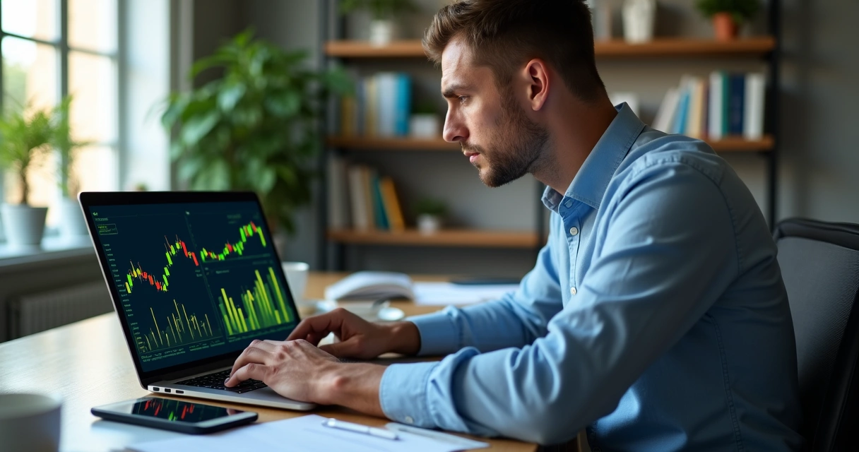 Investidor analisando gráfico comparativo de renda fixa e renda variável no laptop