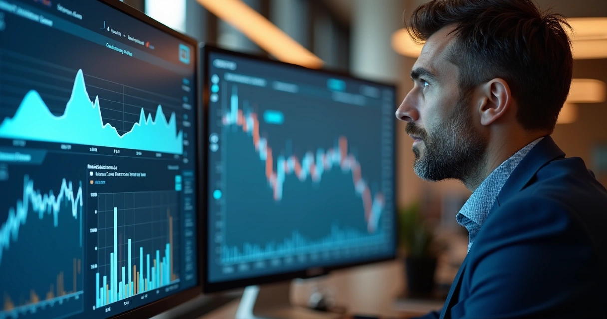 Pessoa observa gráficos de investimentos em uma tela com curvas de rendimento 