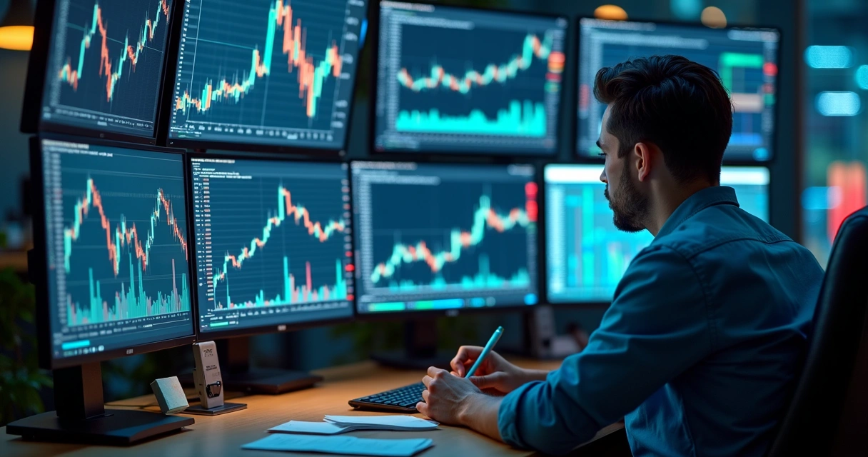 Investidor olhando gráficos em computador com várias janelas abertas 