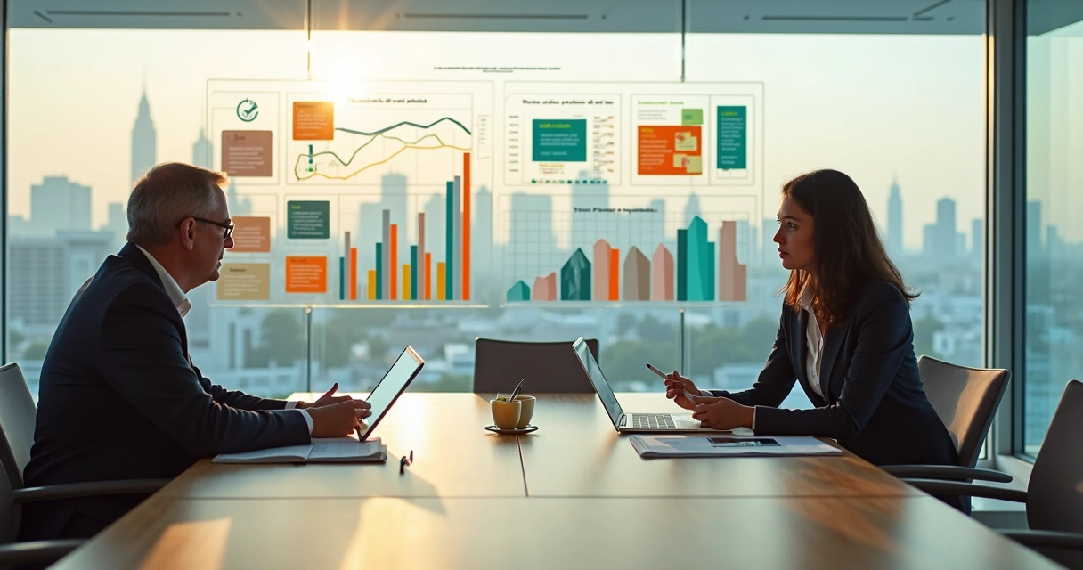 Investidor observa quadro com métricas de validação de negócio em reunião com empreendedora 