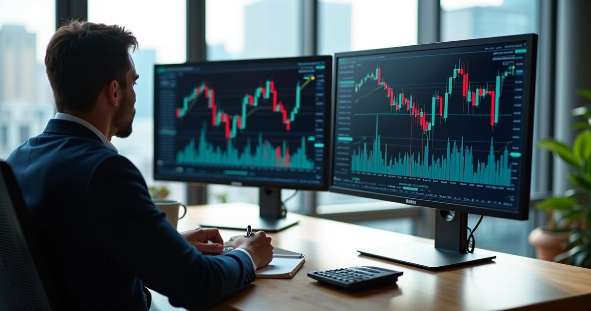 Pessoa analisando gráficos em telas de computador mostrando mercado variável.