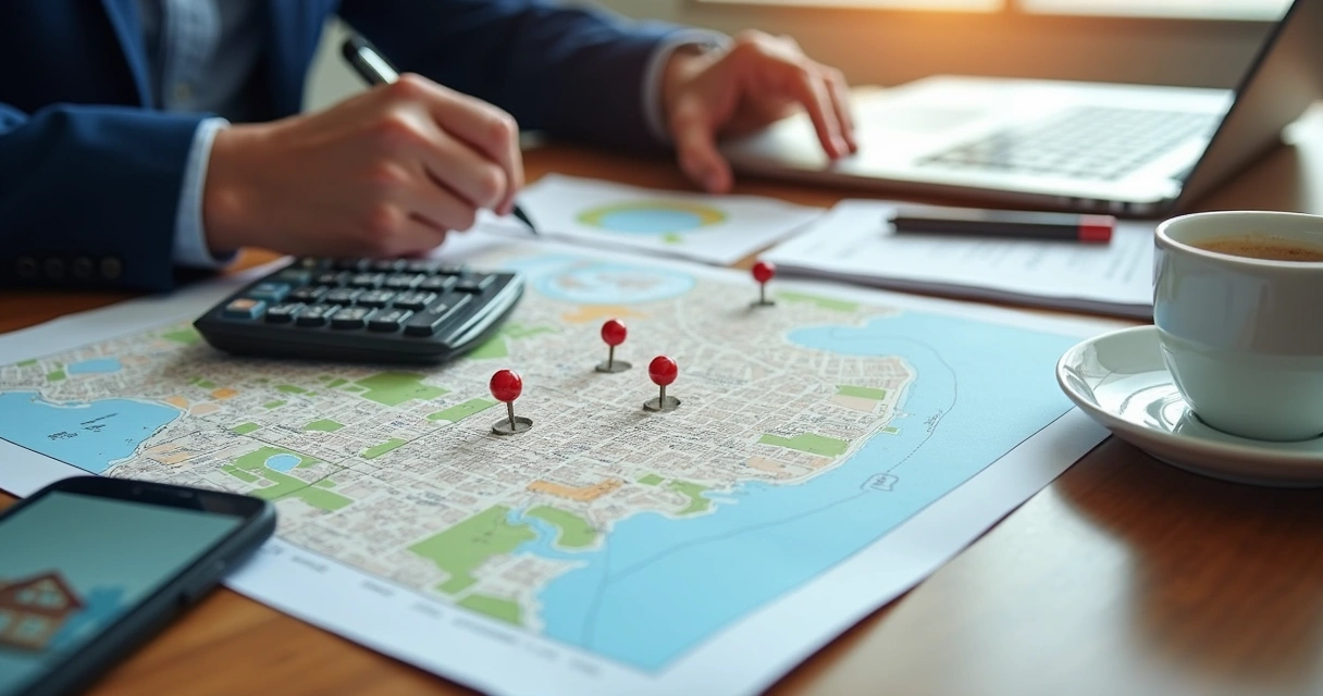 Investidor comparando anúncios e mapa de bairro