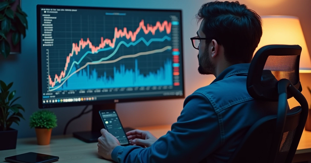Investidor analisando gráficos financeiros no computador e smartphone com dados de BDR e bolsa de valores 
