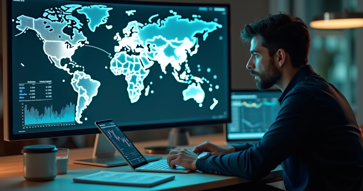 Investidor analisando gráficos financeiros e símbolos de BDRs em tela de computador 