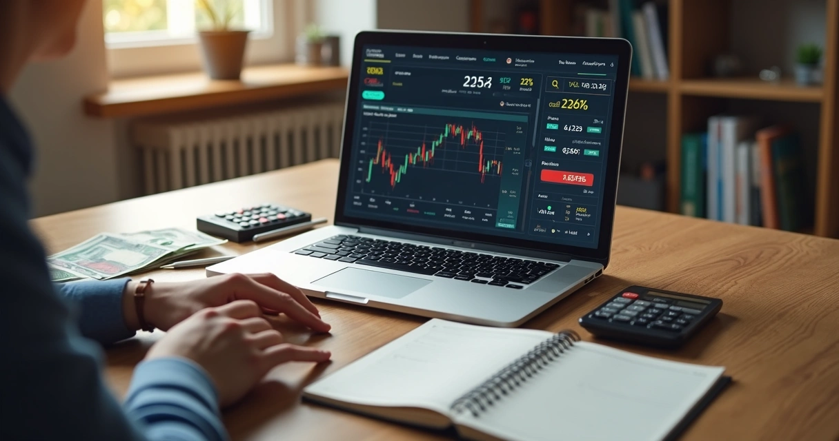 Pessoa analisando gráficos financeiros e dados de investimento no computador com cédulas e calculadora na mesa 