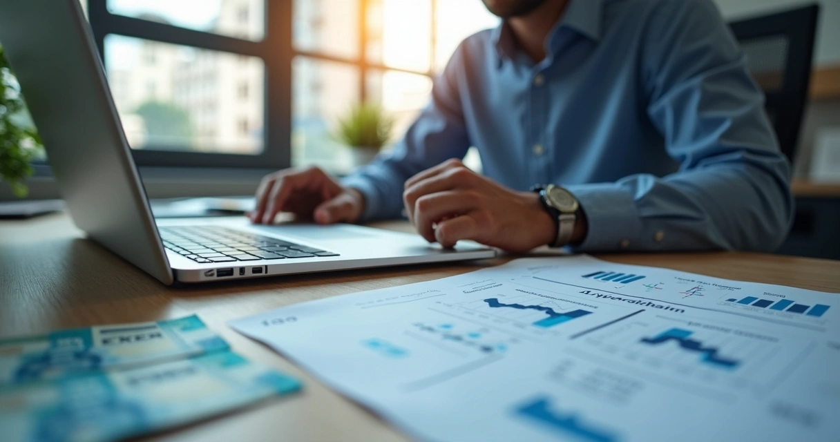 Investidor analisando gráficos financeiros e contratos de COE no computador com notas de dinheiro ao redor 