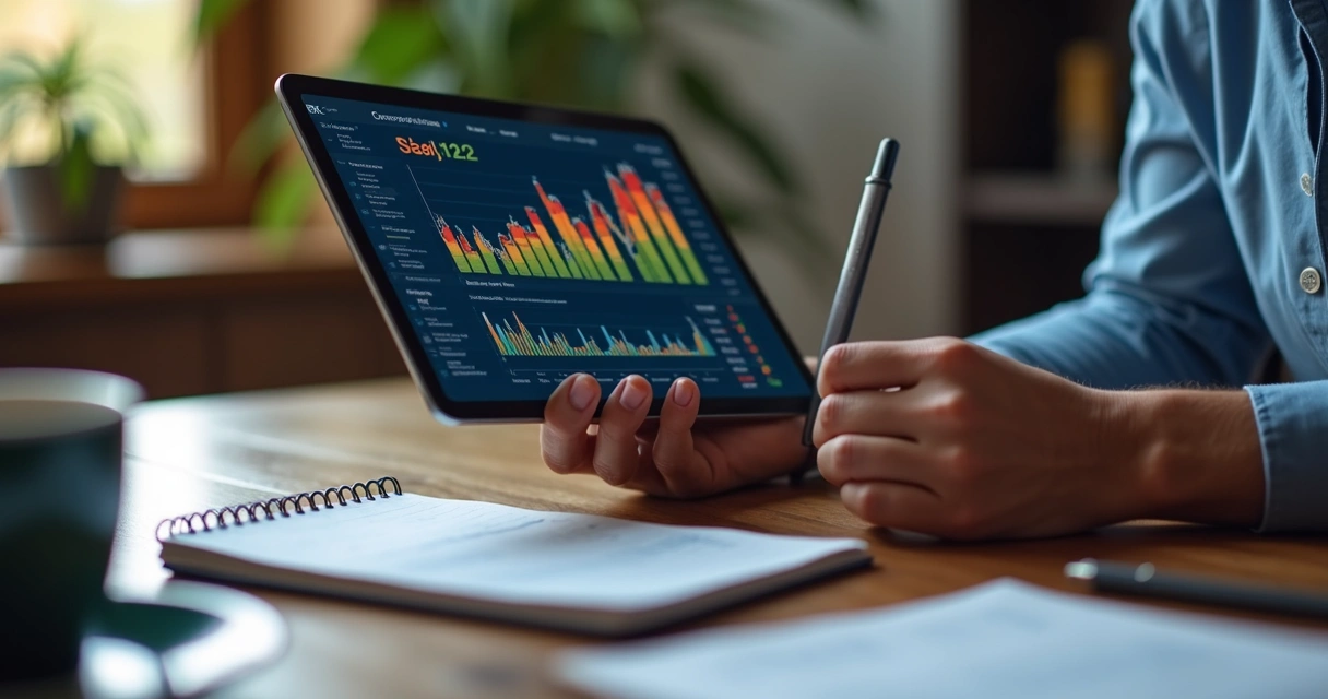 Pessoa usa tablet para revisar dados e simulações de portfólio 