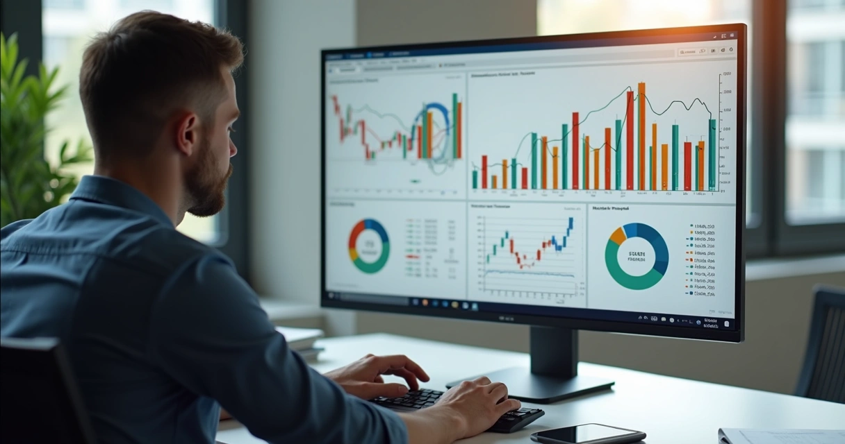 Pessoa analisando gráficos financeiros em tela de computador com gráficos de barras e linhas sobre debêntures 