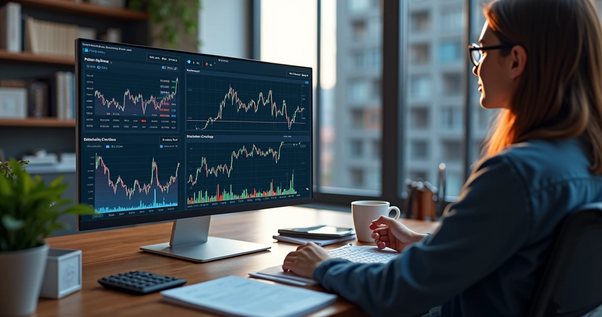 Pessoa analisando gráficos financeiros e cálculos de dividendos num escritório com computador e documentos 