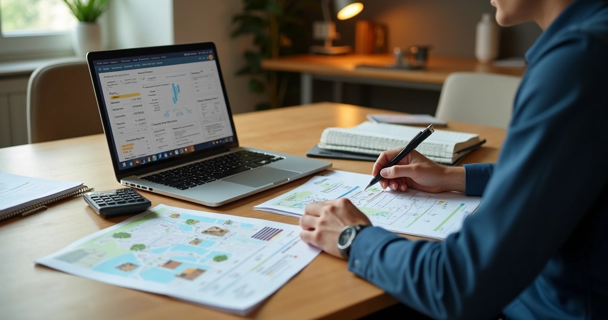 Investidor analisando edital de imóvel com calculadora e mapa 
