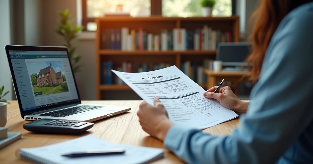 Pessoa analisando documento de edital de imóvel à mesa com calculadora e laptop 