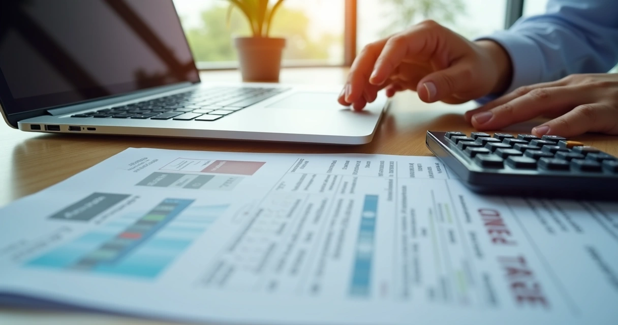 Pessoa analisando edital de leilão de imóvel em um laptop moderno, com documentos e calculadora na mesa, ambiente iluminado e organizado 