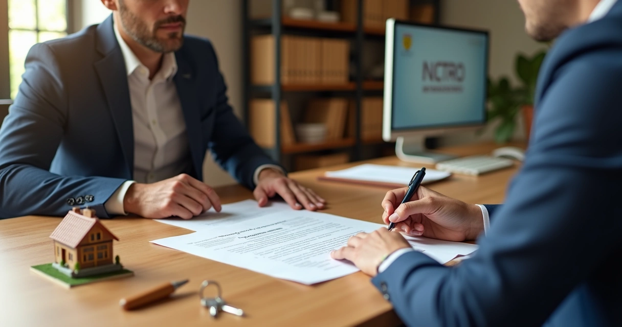 Investidor analisando escritura pública de imóvel com tabelião em cartório moderno 