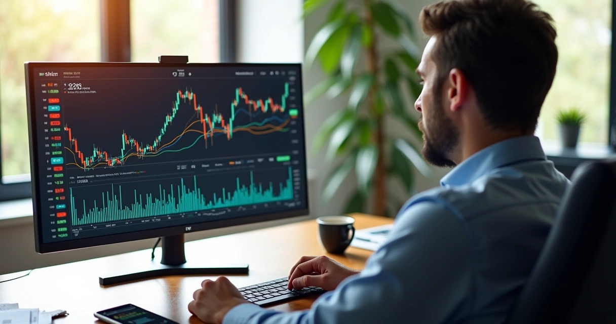 Pessoa analisando gráficos financeiros de ETFs no computador com café ao lado 