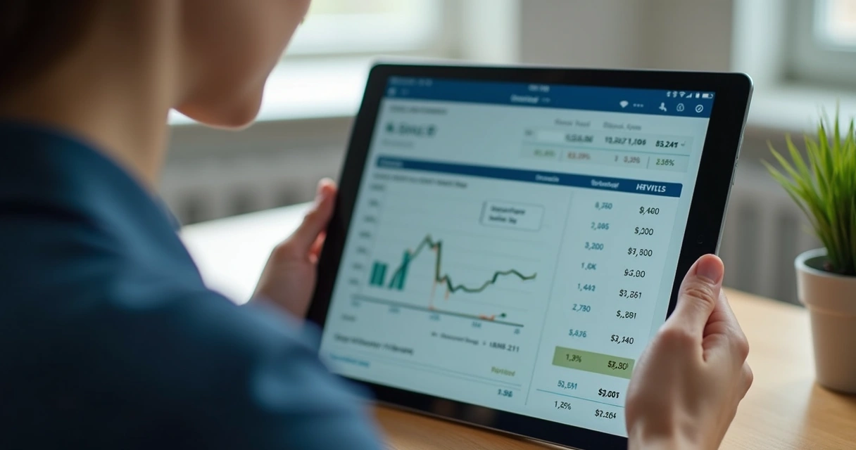 Investidor sentado à mesa analisando extrato digital no tablet