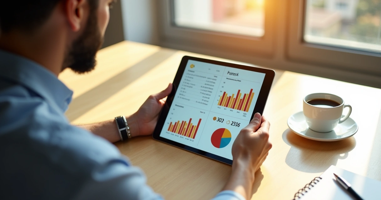 Pessoa segurando tablet e analisando gráficos de fundos imobiliários, luz natural. 
