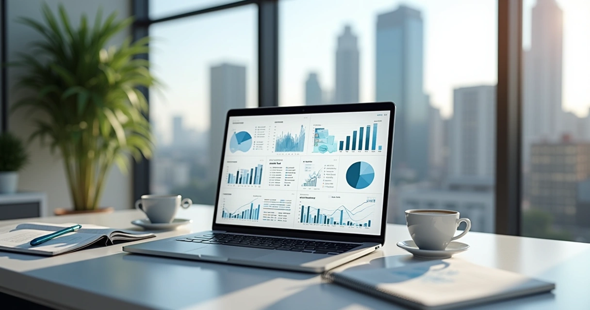 Investidor analisando gráficos de fundos imobiliários em tela de computador moderno 