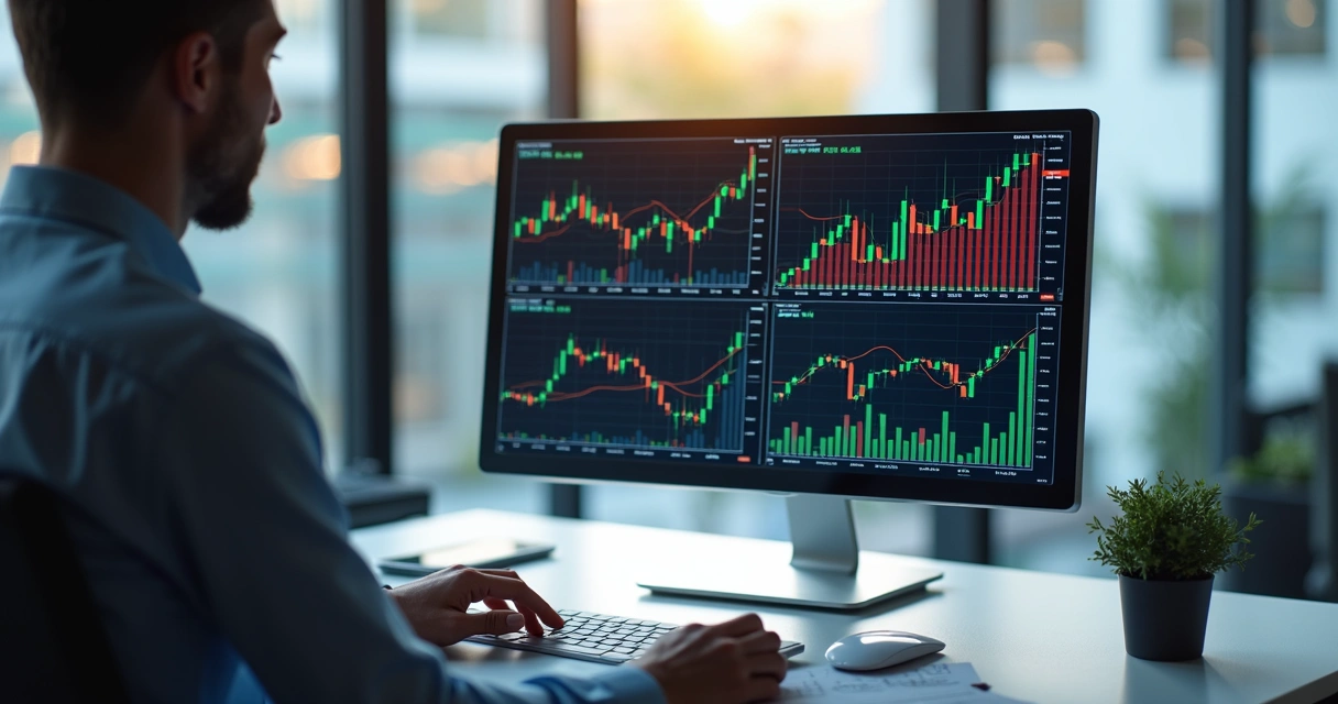 Investidor analisando gráficos financeiros coloridos em tela de computador no escritório moderno