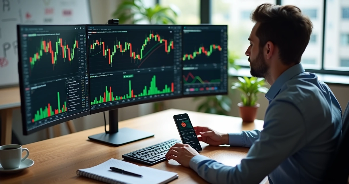 Investidor olhando para vários gráficos financeiros em alta resolução em uma tela de computador 