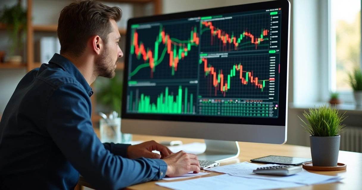 Pessoa analisando gráficos financeiros em tela com notas fiscais e cálculos ao redor 