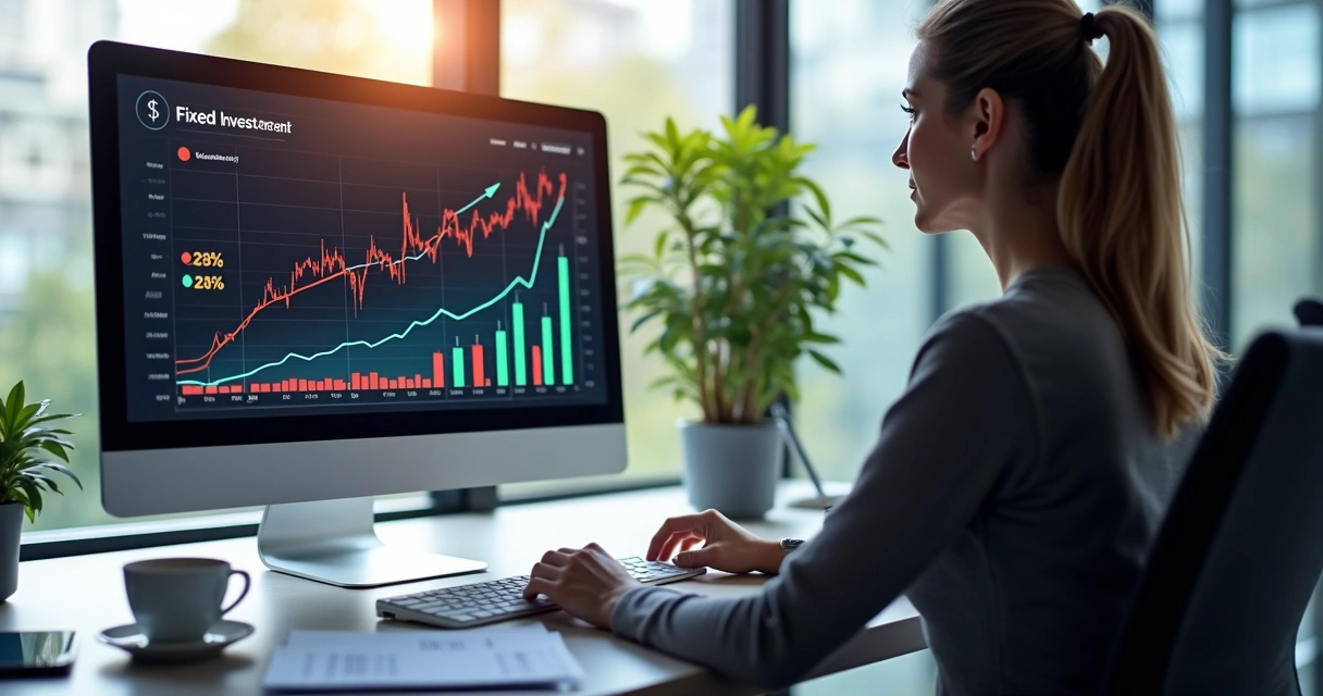 Pessoa analisando gráficos financeiros coloridos em tela com ambiente de escritório moderno 