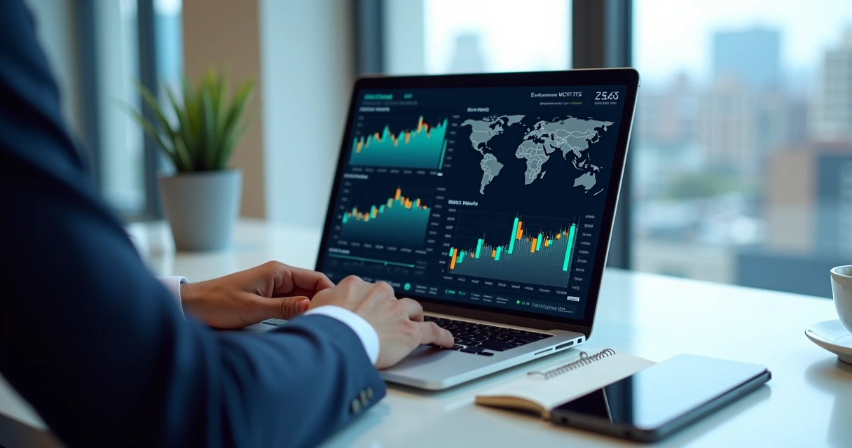 Investidor analisando gráficos financeiros em laptop com detalhes de desempenho de ETFs europeus 