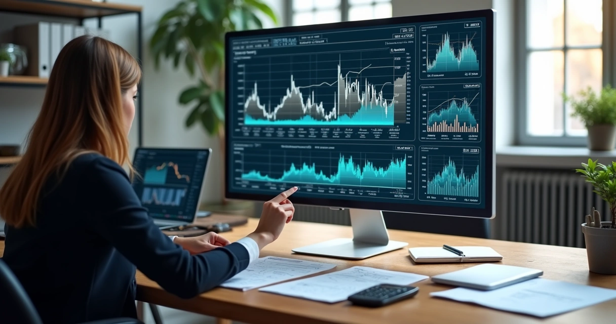 Investidor analisando gráficos financeiros em tela digital com documentos e calculadora sobre mesa de madeira 