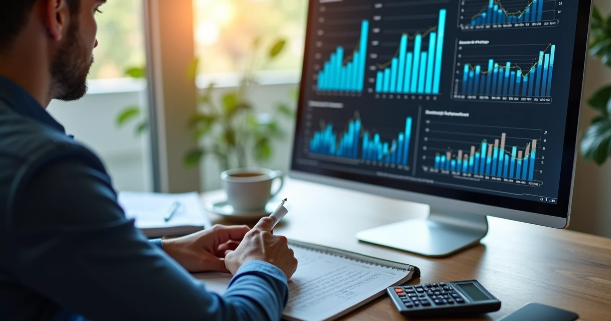 Investidor analisando gráficos financeiros e calculadora de retorno imobiliário na tela do computador 