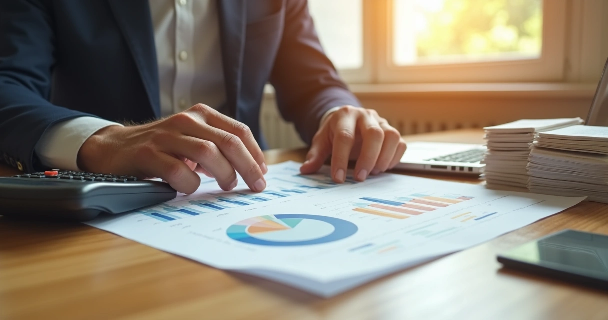 Pessoa analisando gráfico de investimentos em fiscal, papéis e calculadora ao lado 
