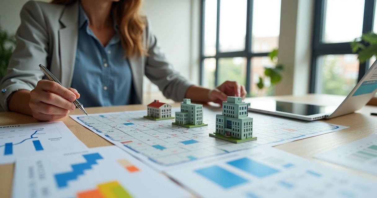 Pessoa analisa tabuleiro com mini imóveis e gráficos de investimento 