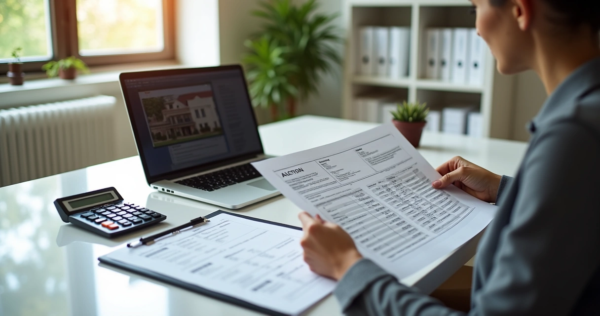 Pessoa analisando documentos de imóvel de leilão com computador e calculadora ao lado 