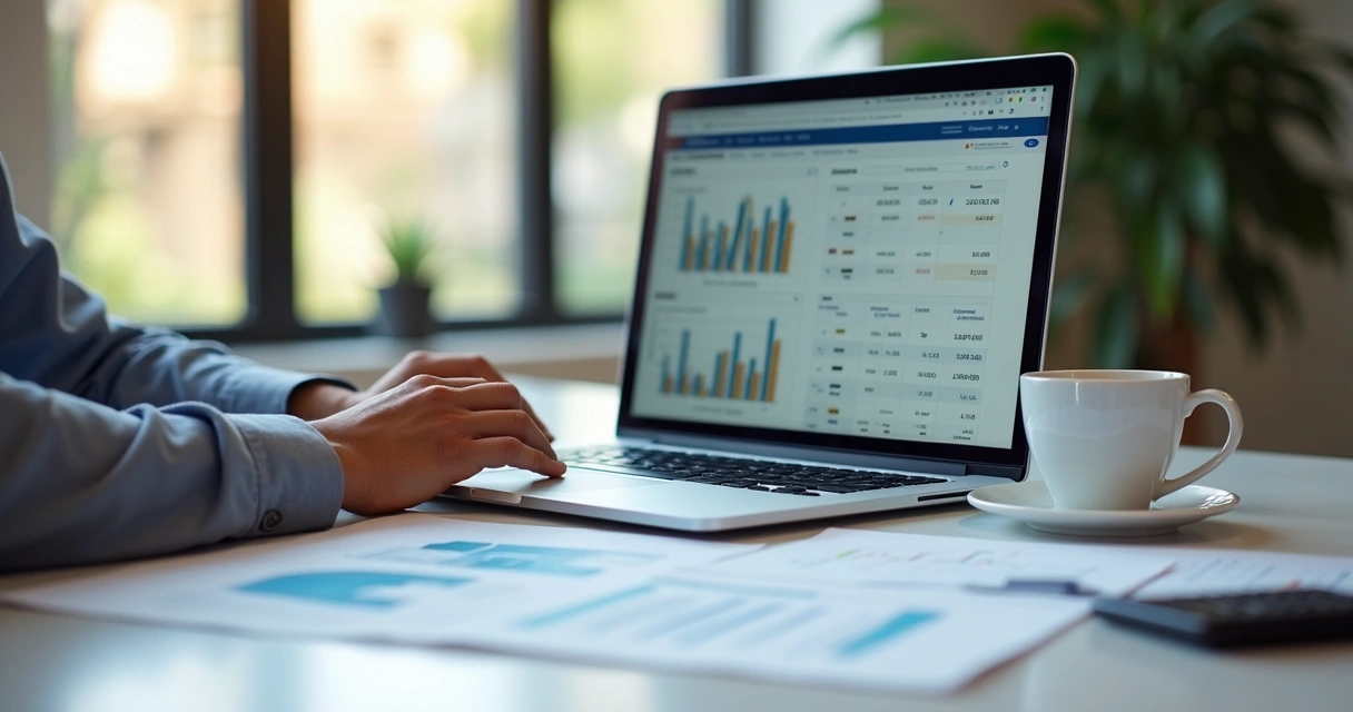 Pessoa revisando informações de imóvel para leilão em laptop moderno com documentos ao lado 