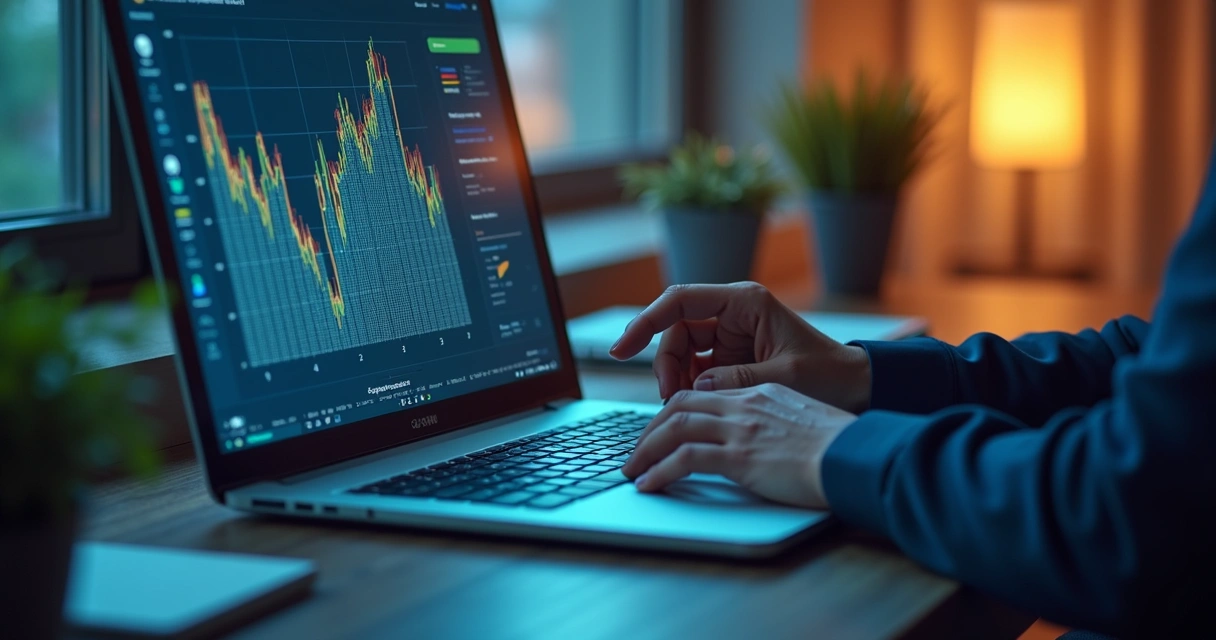 Investidor analisando oportunidades de imóveis em leilão no computador com gráficos e números na tela 