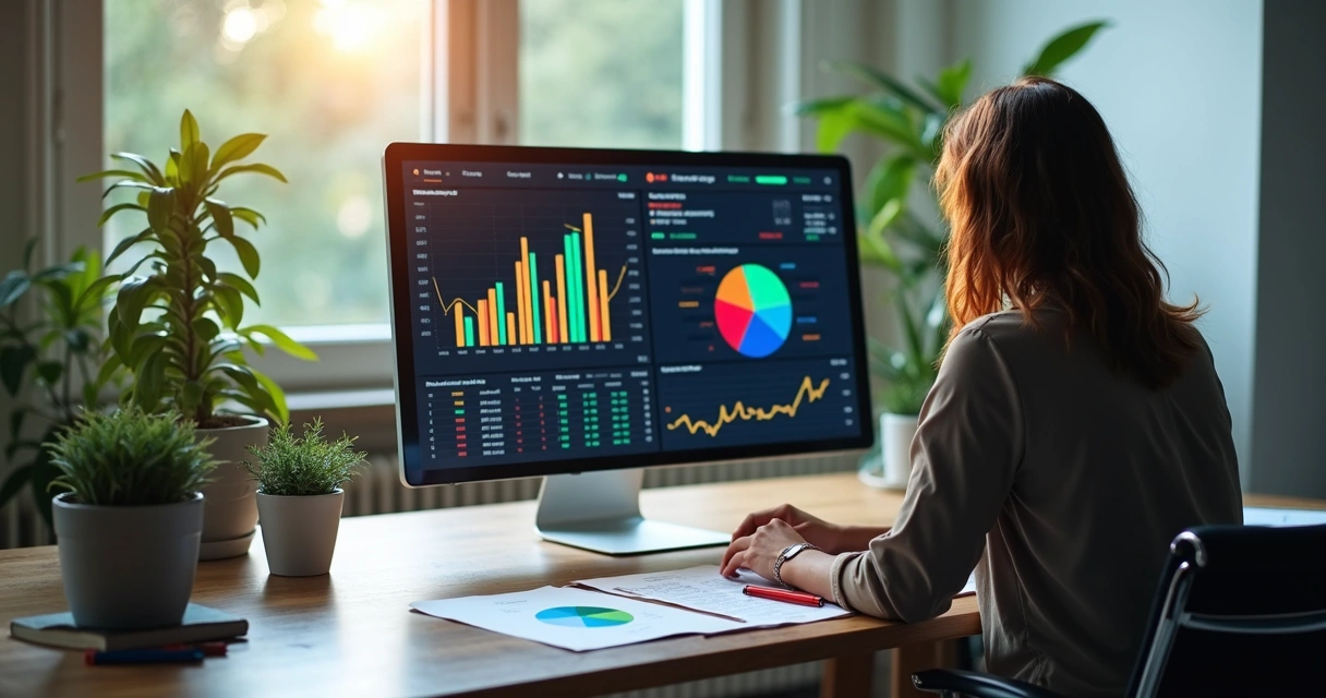 Pessoa analisando gráficos de portfólio diversificado, com tela mostrando ações e títulos