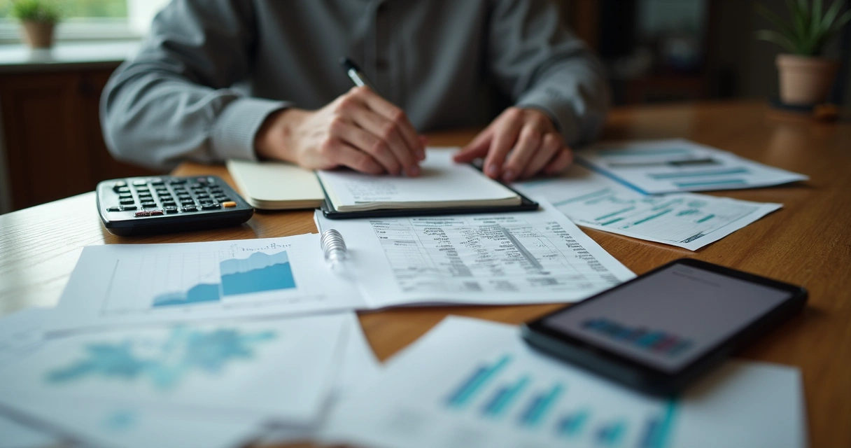 Pessoa analisando investimentos de renda fixa em uma mesa com papéis e planilhas 