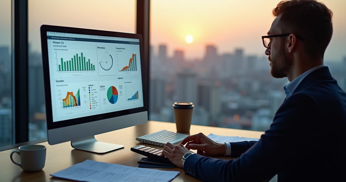 Pessoa analisando gráficos e calculadora em mesa de escritório, com tela mostrando data de 2025 